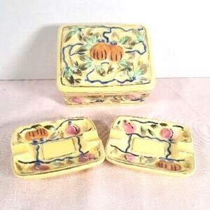 Vintage Piece Vintage Ceramic Cigarette Box & Nesting Ashtrays Fall Theme Japan
